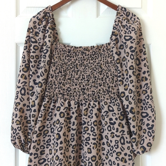 Sanctuary Leopard Print Smocked Square Neck Balloon Sleeve A-Line Mini Dress 4 - Picture 13 of 13